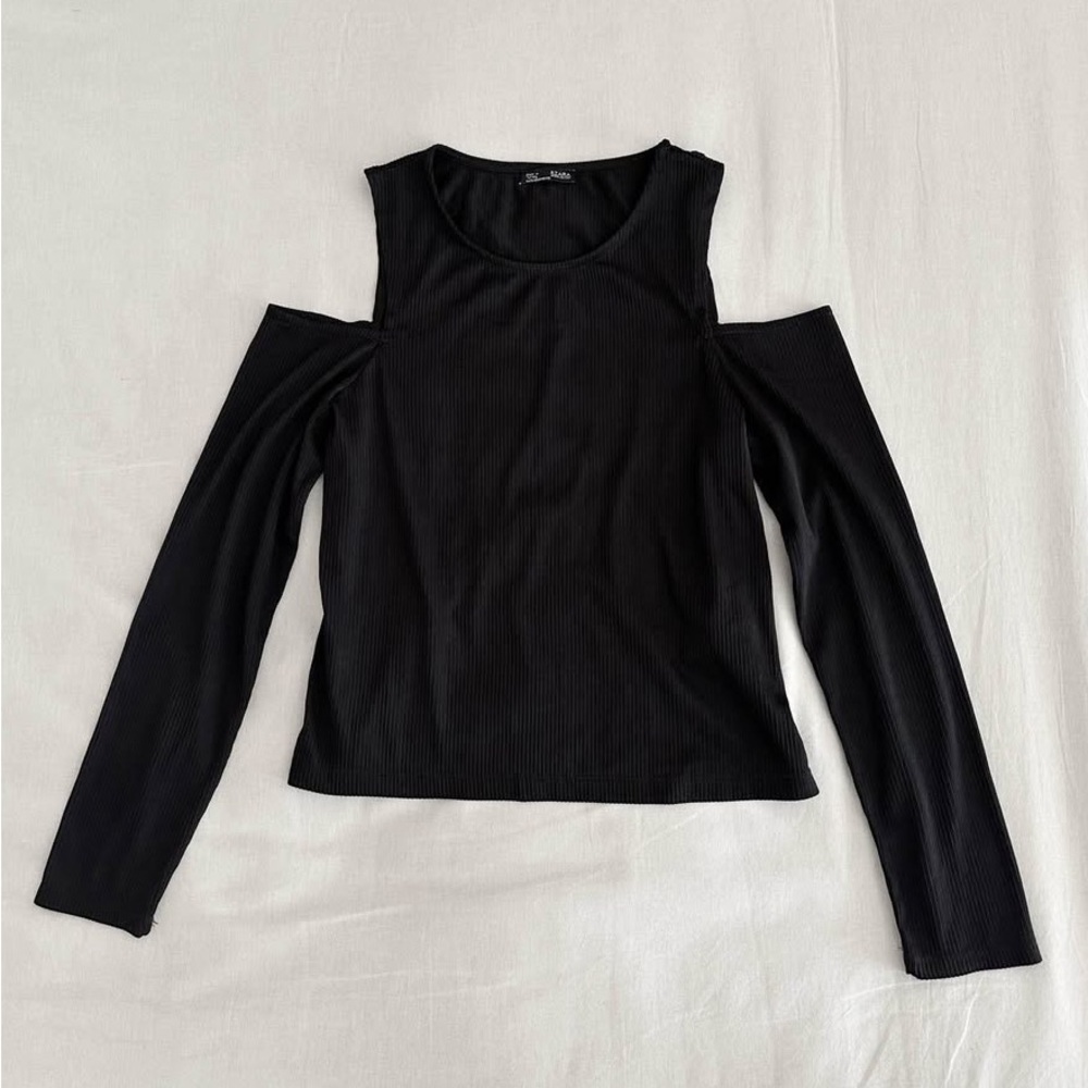Zara Black Cut-Out Cold Shoulder Ribbed Long-Sleeve Top - Size S